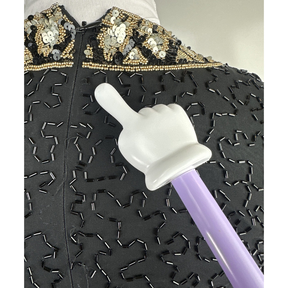 *Flawed A.J. Bari Black Silk Beaded Cocktail Dress Short Sleeve Sequins Size 10 - Picture 14 of 16